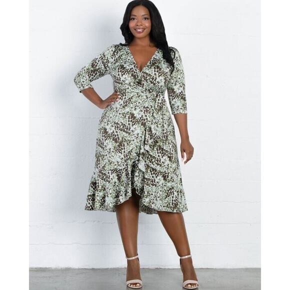 Kiyonna Dress Flirty Flounce Size 10/12 True Wrap Green Medley Print Ruffle Hem - Picture 10 of 10